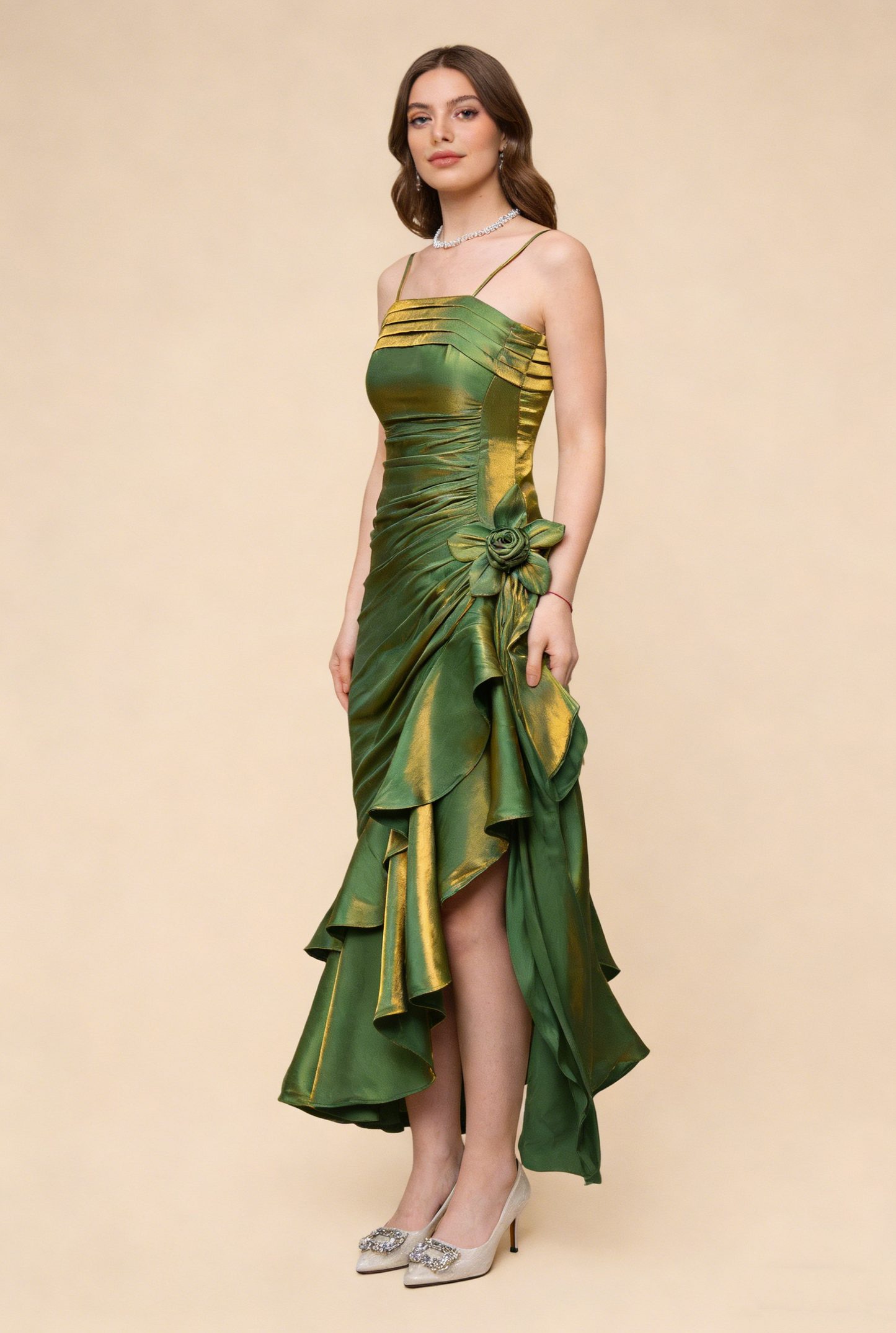 Grasgrünes Vintage-Blumenkleid mit asymmetrischem Saum, Ballkleid MD7539