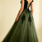 Green Gothic A-Line Tulle Off Shoulder Long Formal Prom Dress MD7173