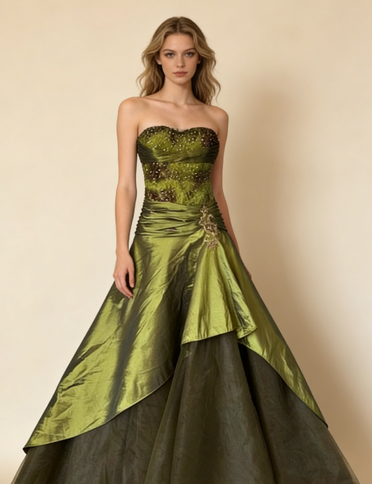 Green Strapless A-Line Lace Satin Vintage Long Evening Party Dresses, D1053