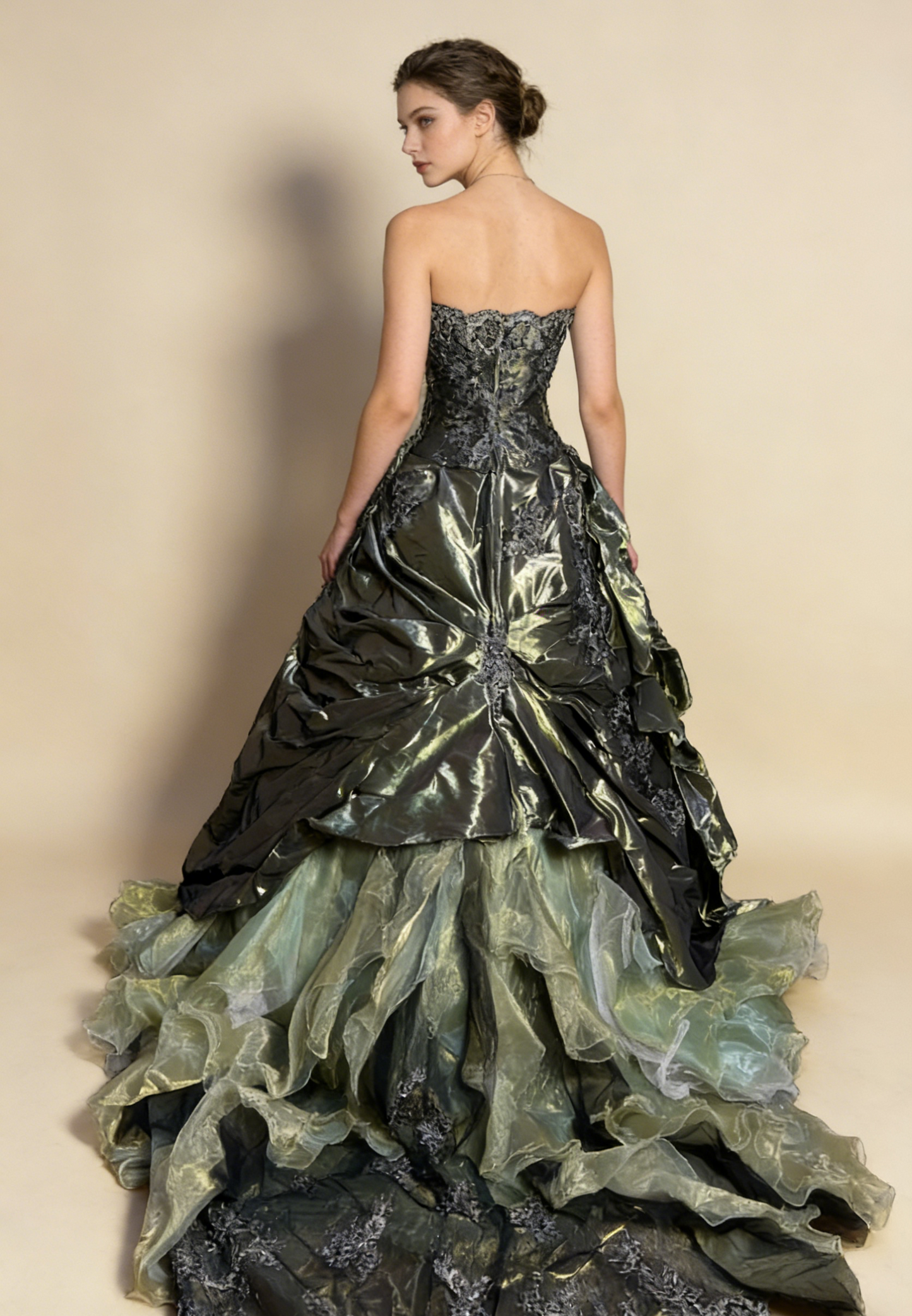 Robe de soirée longue en satin vert, coupe trapèze, sans bretelles, en dentelle, tenue de bal d'anniversaire, D833