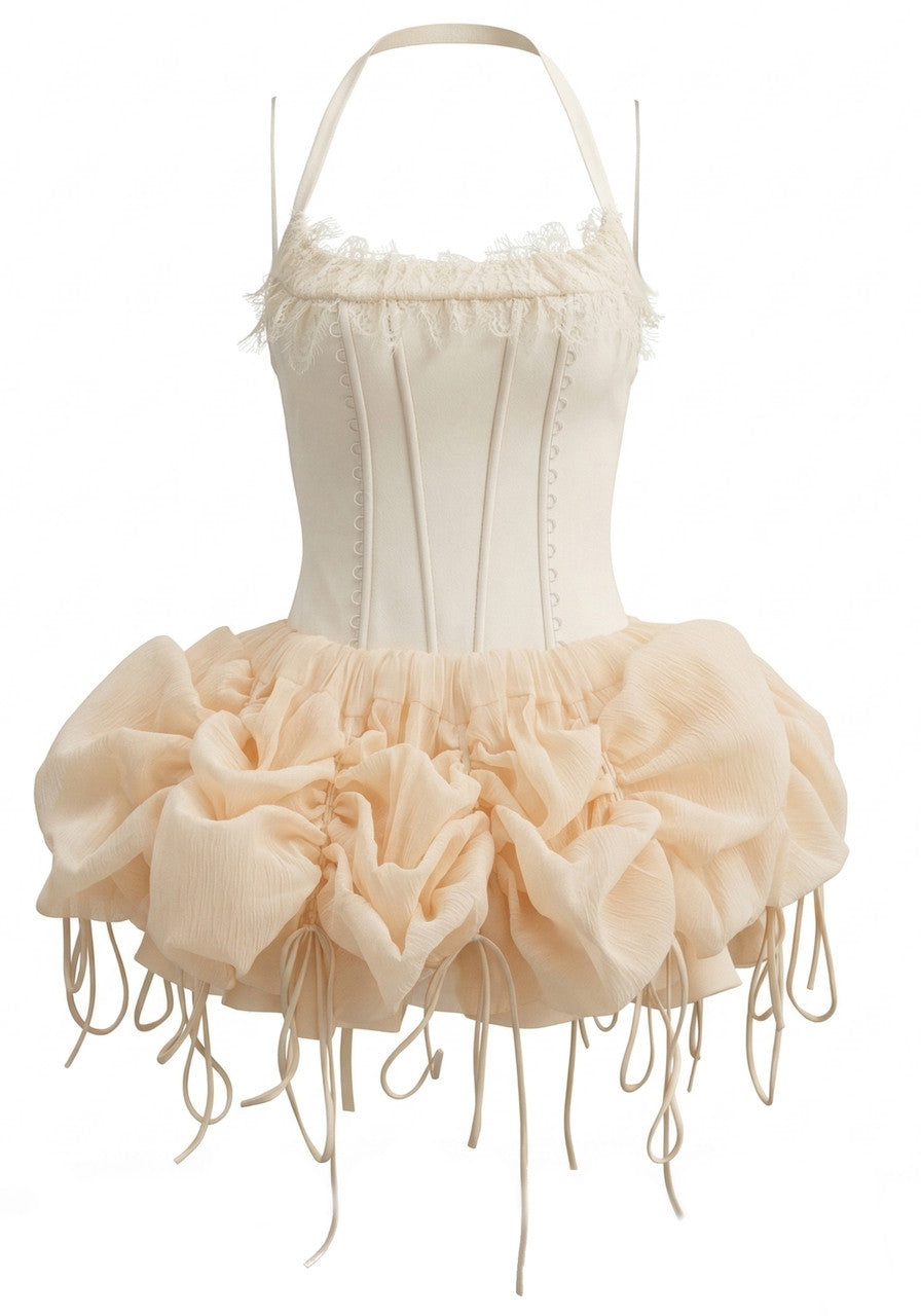 Stunning Homecoming Dress Halter Lace Tulle Pleated Bowknot Back to School Outfits Party Dress D7915