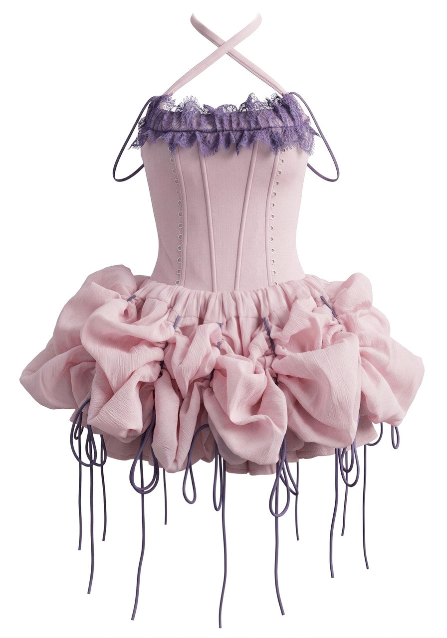 Stunning Homecoming Dress Halter Lace Tulle Pleated Bowknot Back to School Outfits Party Dress D7915