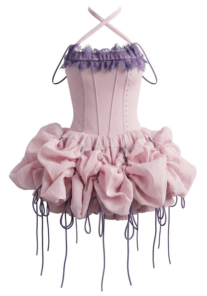 Stunning Homecoming Dress Halter Lace Tulle Pleated Bowknot Back to School Outfits Party Dress D7915