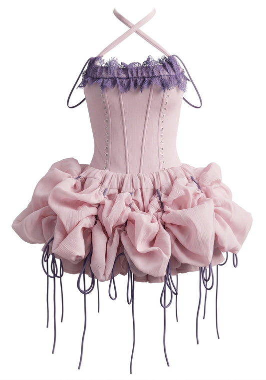 Stunning Homecoming Dress Halter Lace Tulle Pleated Bowknot Back to School Outfits Party Dress D7915
