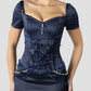 Vintage Dark Blue Mermaid Design Valentine Couture Satin Short-sleeved Prom Dress Evening Dress D1700