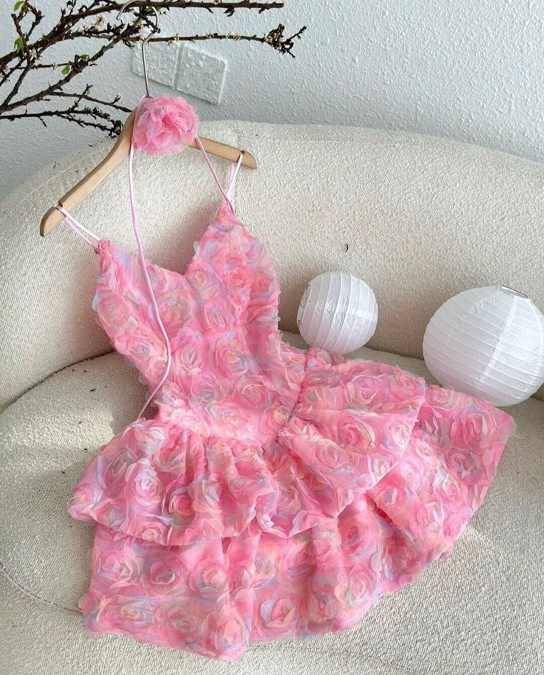 Sweety Pink A Line Straps 3D Floral Tulle Short Homecoming Dress D7987