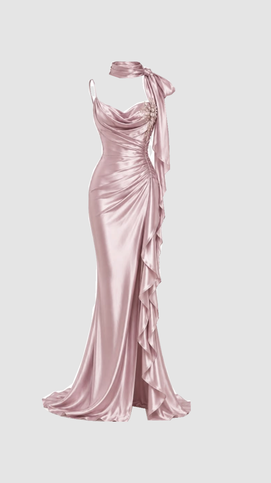 Pretty Pink Mermaid Dress Spaghetti Strap Appliques Side Slit Ruffled Satin Dress Prom Evening Dress L01