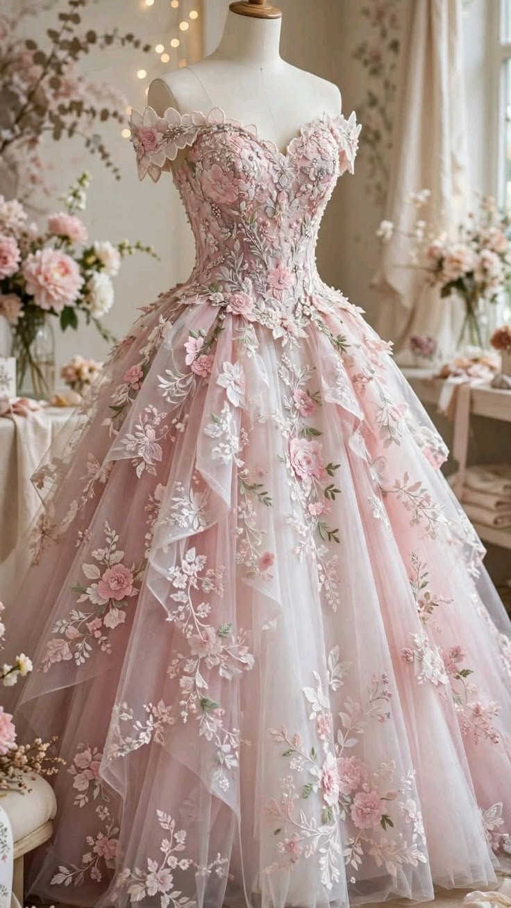 Dreamy Pink Off-The-Shoulder Ball Gown Lace Floral Appliques Tulle Dress Prom Dress Quinceanera Dress L02