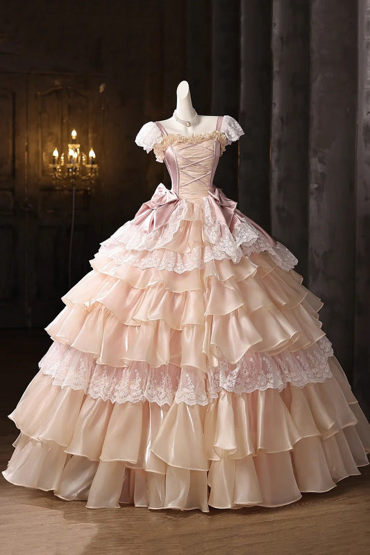 Sweet Champagne Ball Gown Square Short-Sleeves Bow Lace Ruffled Chiffon Dress  Quinceanera Dress Prom Dress L03