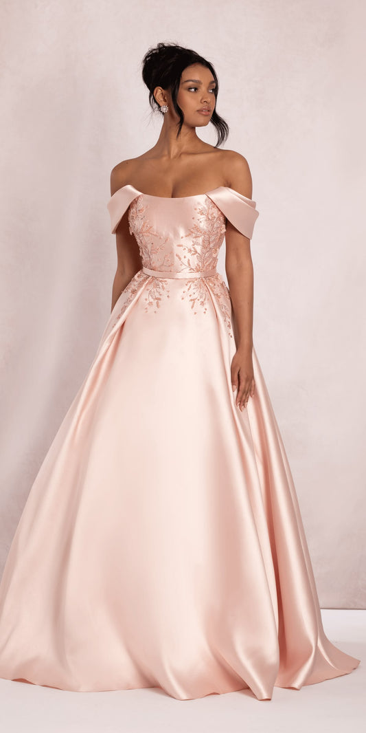 Elegant Pink Ball Gown Off-The-Shoulder Floral Appliques Rhinestine Satin Prom Dress Evening Dress L04