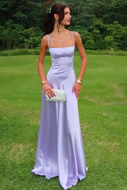 Elegant Purple Sheath Dress Spaghetti Strap Satin Dress Party Dress Evening Dress L06