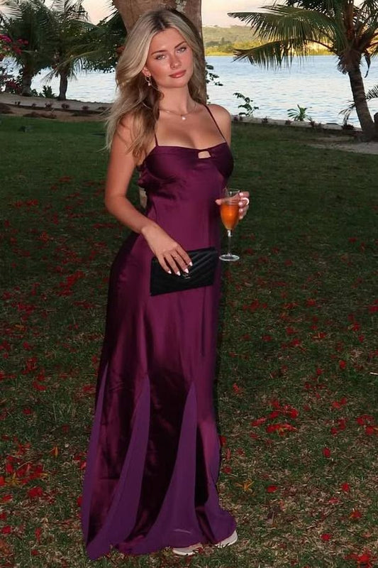 Simpe Purplish-Red  Sheath Dress Spaghetti Strap Ruffled Satin Dress Prom Evening Dress L08