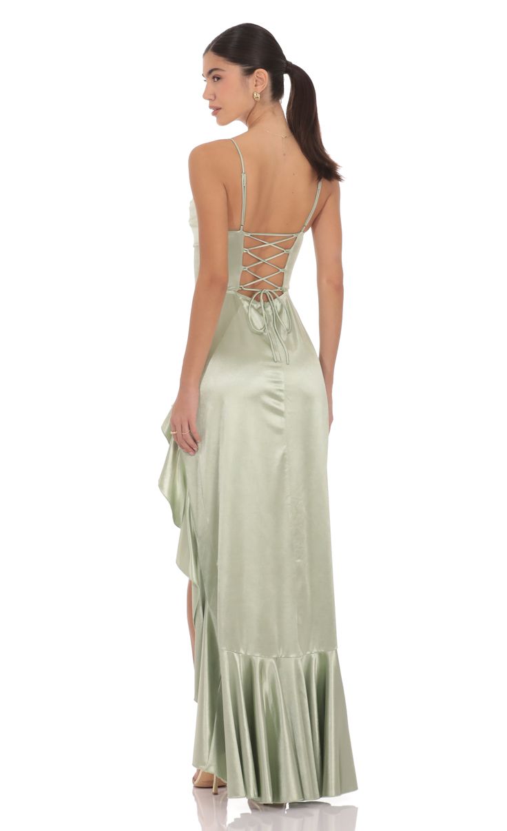 Feminine Pale Green Sheath Dress Spaghetti Strap Ruffled Satin Dress Prom Dress L09