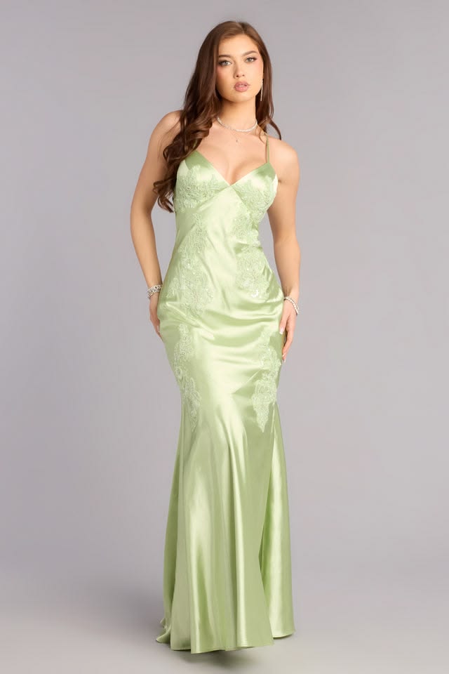 Simple Pale Green Sheath Dress Spaghetti Strap Lace Appliques Satin Dress Prom Dress L10
