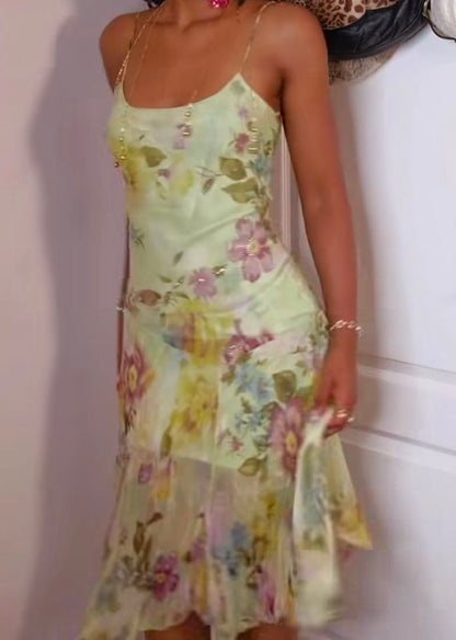 Gorgeous Soft Green Sheath Dress Spaghetti Strap Floral Print Chiffon Dress Party Prom Dress L100