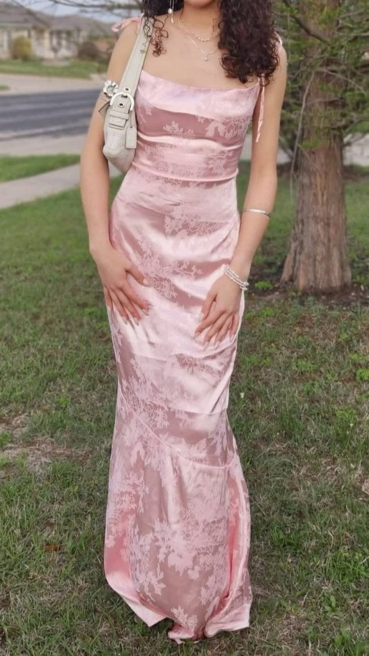 Simple Pink Sheath Dress Spaghetti Strap Floral Print Satin Dress Prom Evening Dress L102