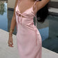 Elegant Pink Sheath Spaghetti Strap Ruched Cutout Satin Dress Prom Evening Dress L103