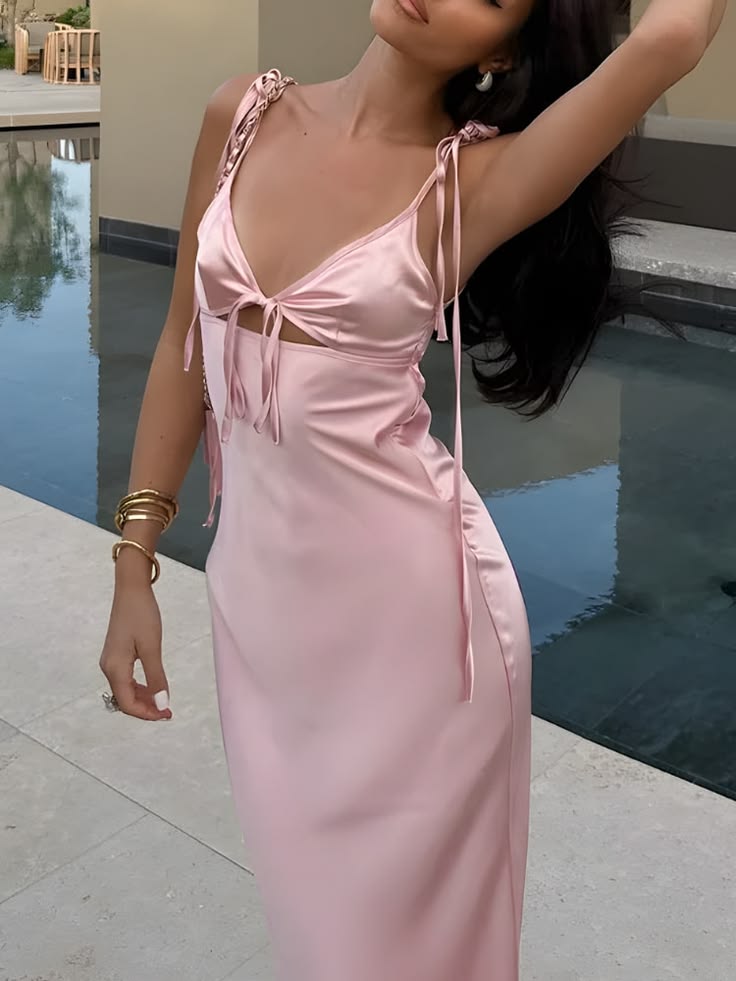 Elegant Pink Sheath Spaghetti Strap Ruched Cutout Satin Dress Prom Evening Dress L103