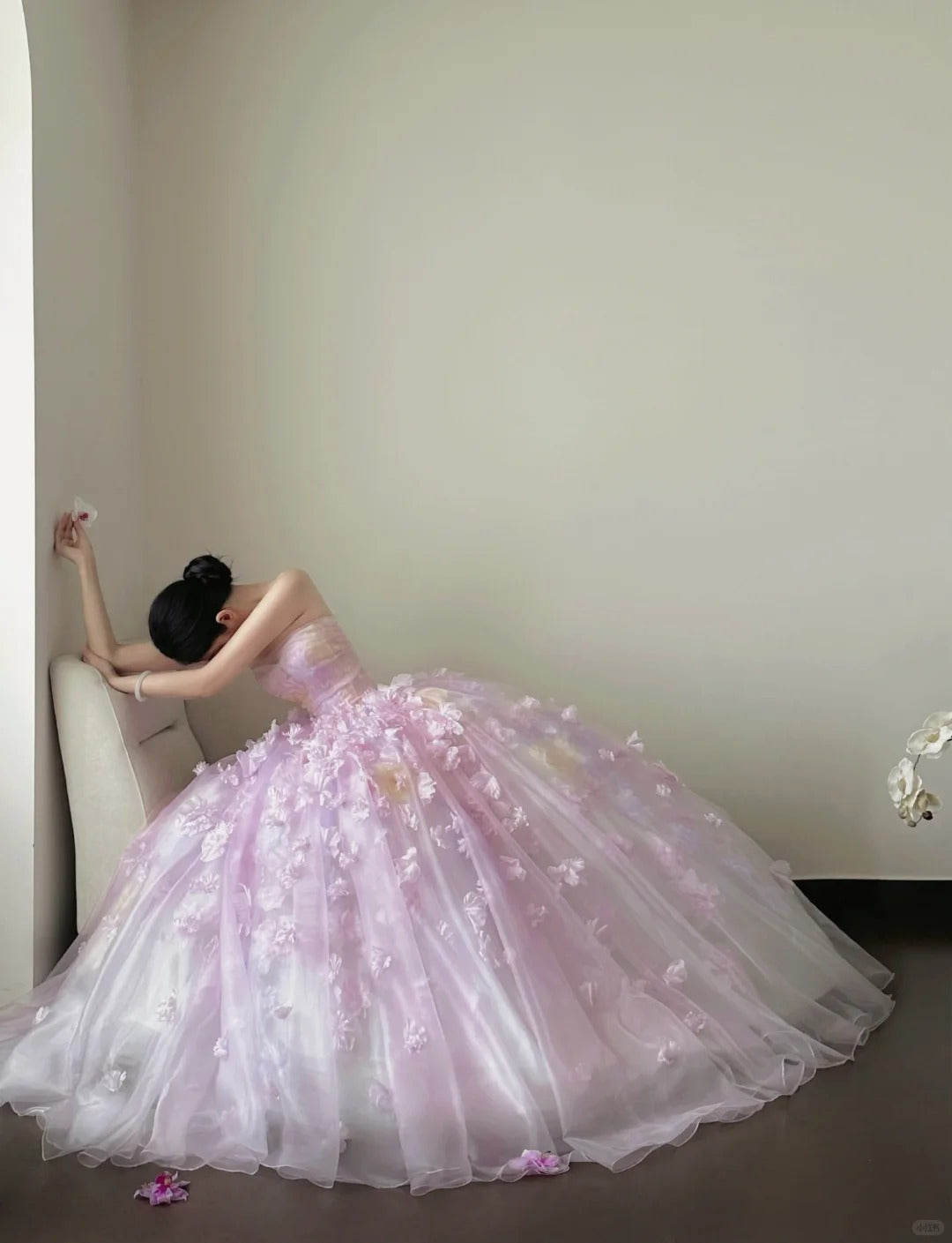 Fairy Pink Tulle Wedding Dress Ball Gown Floral Appliques Garden Wedding Dress L107