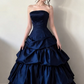 Simple Navy Blue A-Line Dress Strapless Ruffled Satin Dress Prom Evening Dress L109