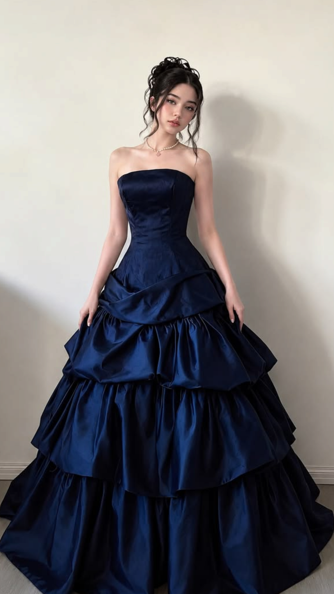 Simple Navy Blue A-Line Dress Strapless Ruffled Satin Dress Prom Evening Dress L109