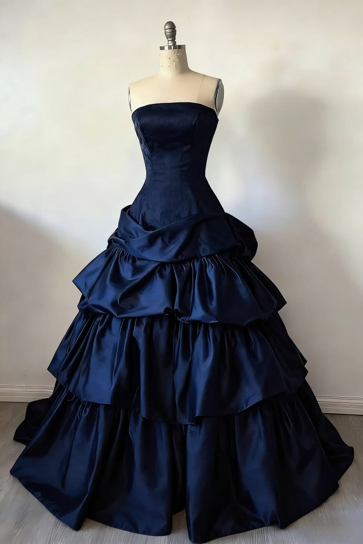 Simple Navy Blue A-Line Dress Strapless Ruffled Satin Dress Prom Evening Dress L109
