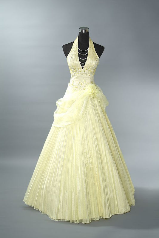 Pretty Yellow A-Line V-Neck Handmade Floral Embroidery Chiffon Dress Prom Evening Dress L110