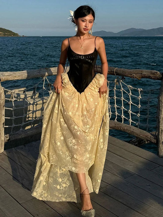 Delicate Black And Yellow A-Line Spaghetti Strap Bow Lace Flowers Tulle Dress Prom Evening Dress L112