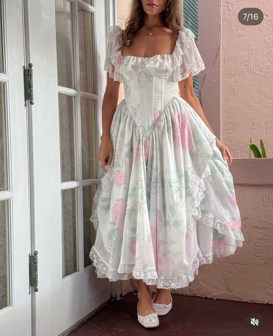 Princess White Ball Gown Square Floral Print Lace Ruffled Chiffon Quinceanera Dress 16 L114