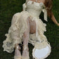 Pretty Ivory A-Line Off-The-Shoulder Pearls Flowers Lace Ruffled Tulle Dress Prom Dress  L116