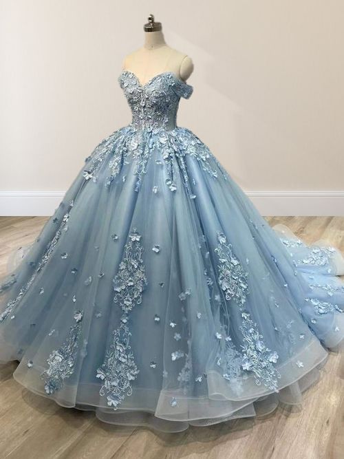 Fairy Light Blue Ball Gown Off-The-Shoulder Floral Appliques Tulle Dress Quinceanera Dress 16  L119