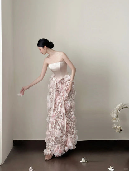 Gorgeous Pink A-Line Strapless Floral Appliques Bow Satin And Tulle Dress Prom Evening Dress L122