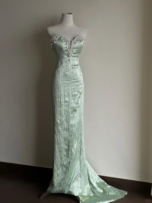Elegant Mint Green Mermaid Dress Sweetheart Pearl Satin Dress Prom Evening Dress L124