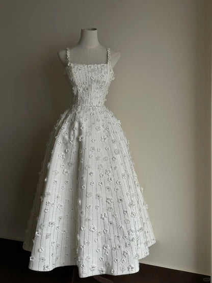 Pretty White A-Line Spaghetti Strap Rhinestone  Floral Appliques Embroidery Fabric Dress Prom Evening Dress L125