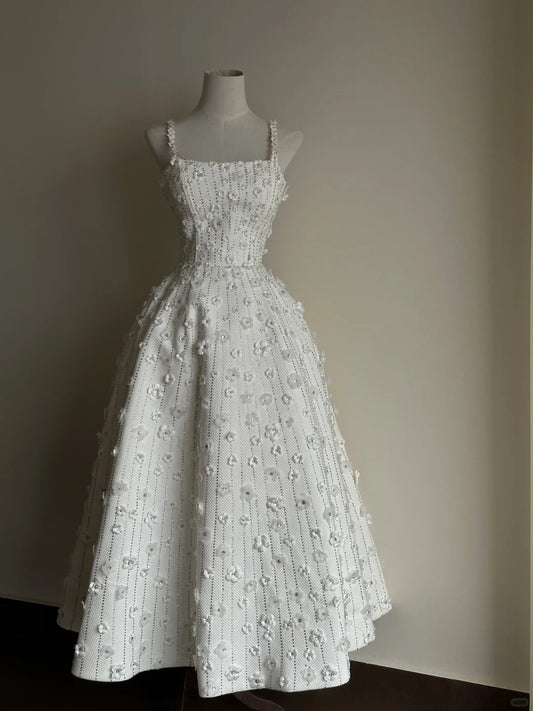 Pretty White A-Line Spaghetti Strap Rhinestone  Floral Appliques Embroidery Fabric Dress Prom Evening Dress L125