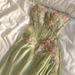 Dreamy Green A-Line Spaghetti Strap Fliral Appliques Beaded Satin Dress Prom Evening Dress L127