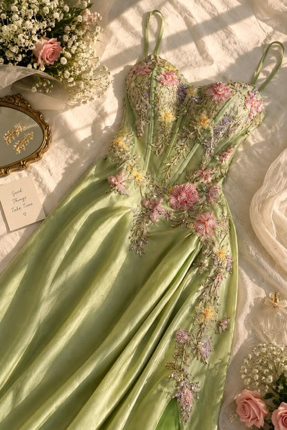 Dreamy Green A-Line Spaghetti Strap Fliral Appliques Beaded Satin Dress Prom Evening Dress L127