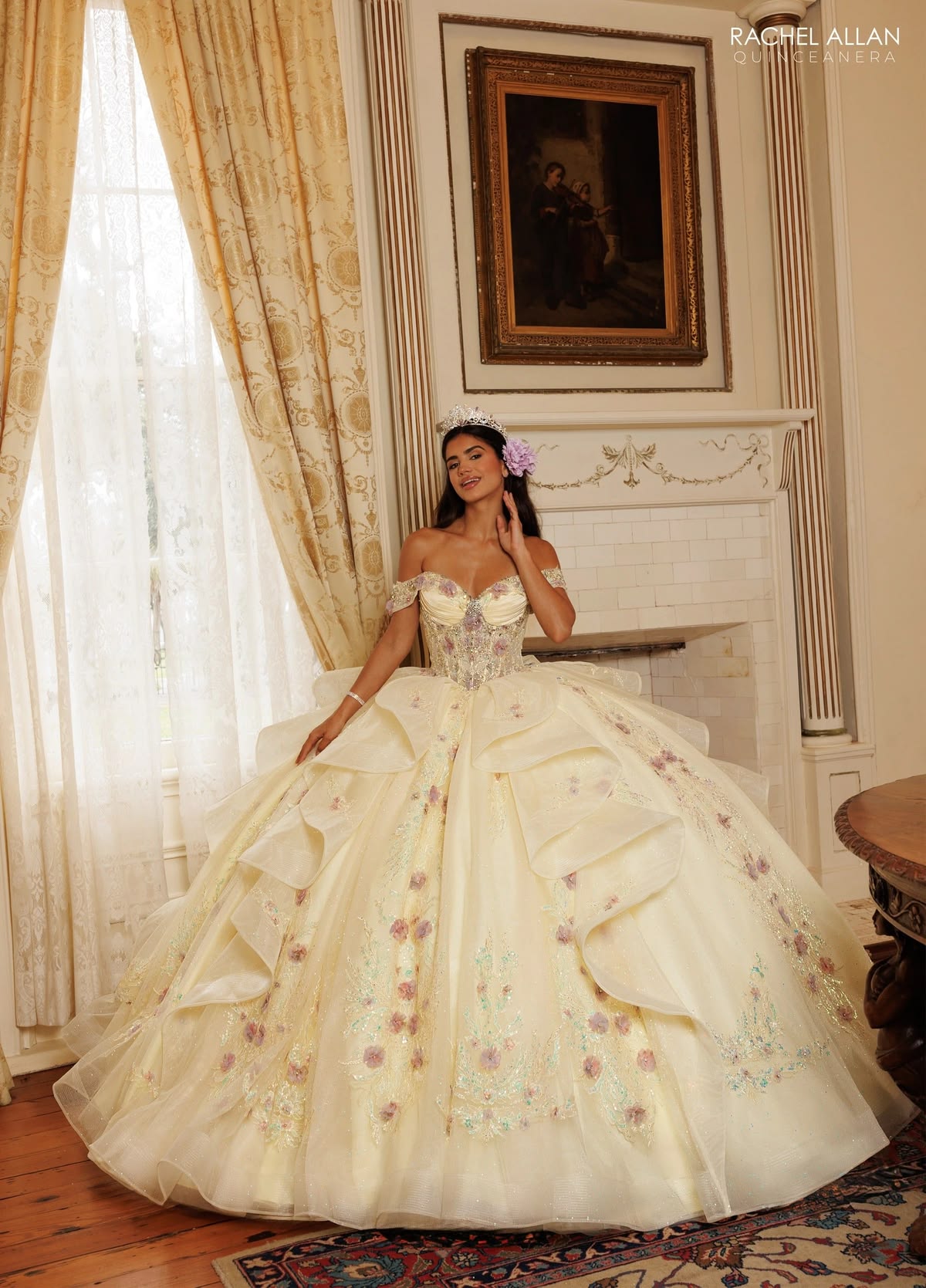 Pretty Cream Ball Gown Off-The-Shoulder Lace Floral Appliques Beaded Tulle Dress  Quinceanera Dress 16 L128