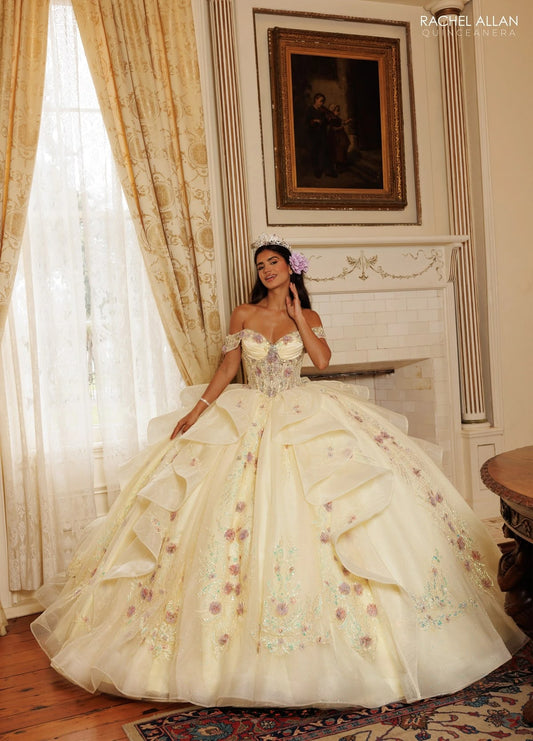 Pretty Cream Ball Gown Off-The-Shoulder Lace Floral Appliques Beaded Tulle Dress  Quinceanera Dress 16 L128