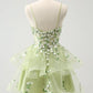 Fairy Pale Green A-Line Dress Spaghetti Strap Boned Bodice Floral Appliques Homecoming Dress L13
