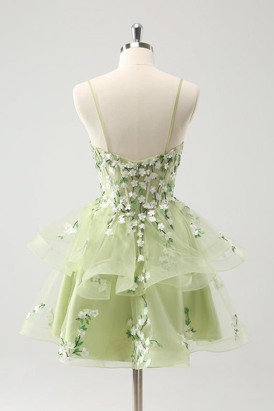 Fairy Pale Green A-Line Dress Spaghetti Strap Boned Bodice Floral Appliques Homecoming Dress L13