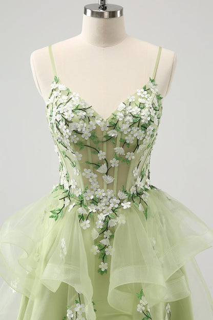 Fairy Pale Green A-Line Dress Spaghetti Strap Boned Bodice Floral Appliques Homecoming Dress L13