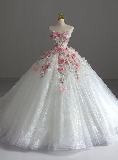Sweet White Ball Gown Strapless Floral Appliques Embroidery Beaded Tulle Quinceanera Dress 16 L130