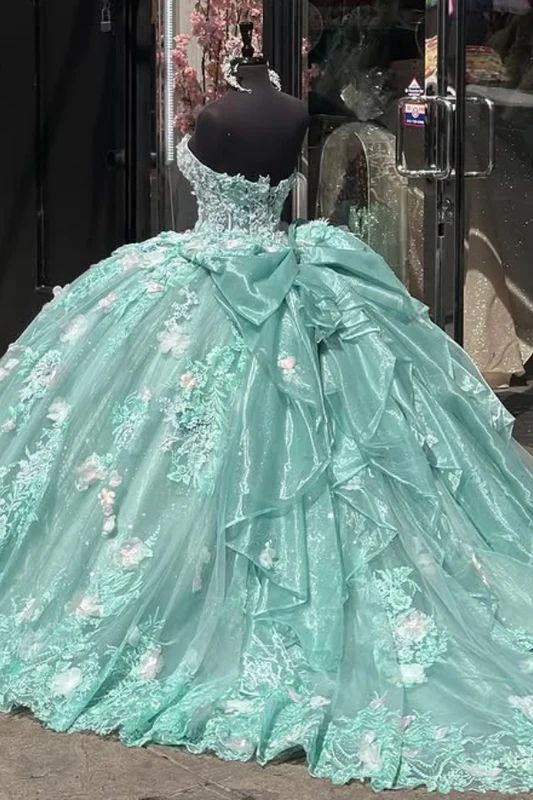 Princess Mint Green Ball Gown Sweetheart Lace Floral Appliques Bow Tulle Quinceanera Dress 16 L131
