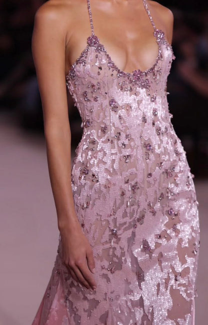 Pretty Purple Sheath Spaghetti Strap Rhinestone Appliques Lace Tulle Dress Prom Evening Dress L134