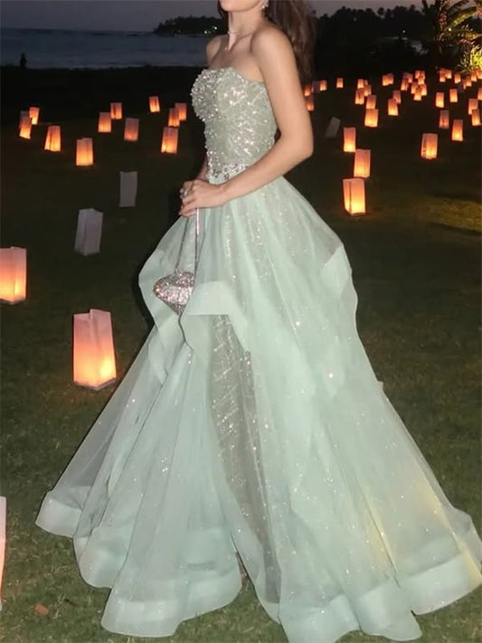 Sparkling Mint Green A-Line Strapless Beaded Rhinestone Ruffled Tulle Dress Prom Evening Dress L136