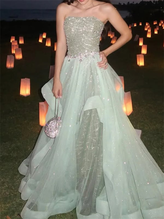 Sparkling Mint Green A-Line Strapless Beaded Rhinestone Ruffled Tulle Dress Prom Evening Dress L136