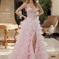 Pretty Pink A-Line Sweetheart Floral Appliques A Side Slit Ruffled Dress Prom Evening Dress L137