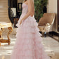 Pretty Pink A-Line Sweetheart Floral Appliques A Side Slit Ruffled Dress Prom Evening Dress L137
