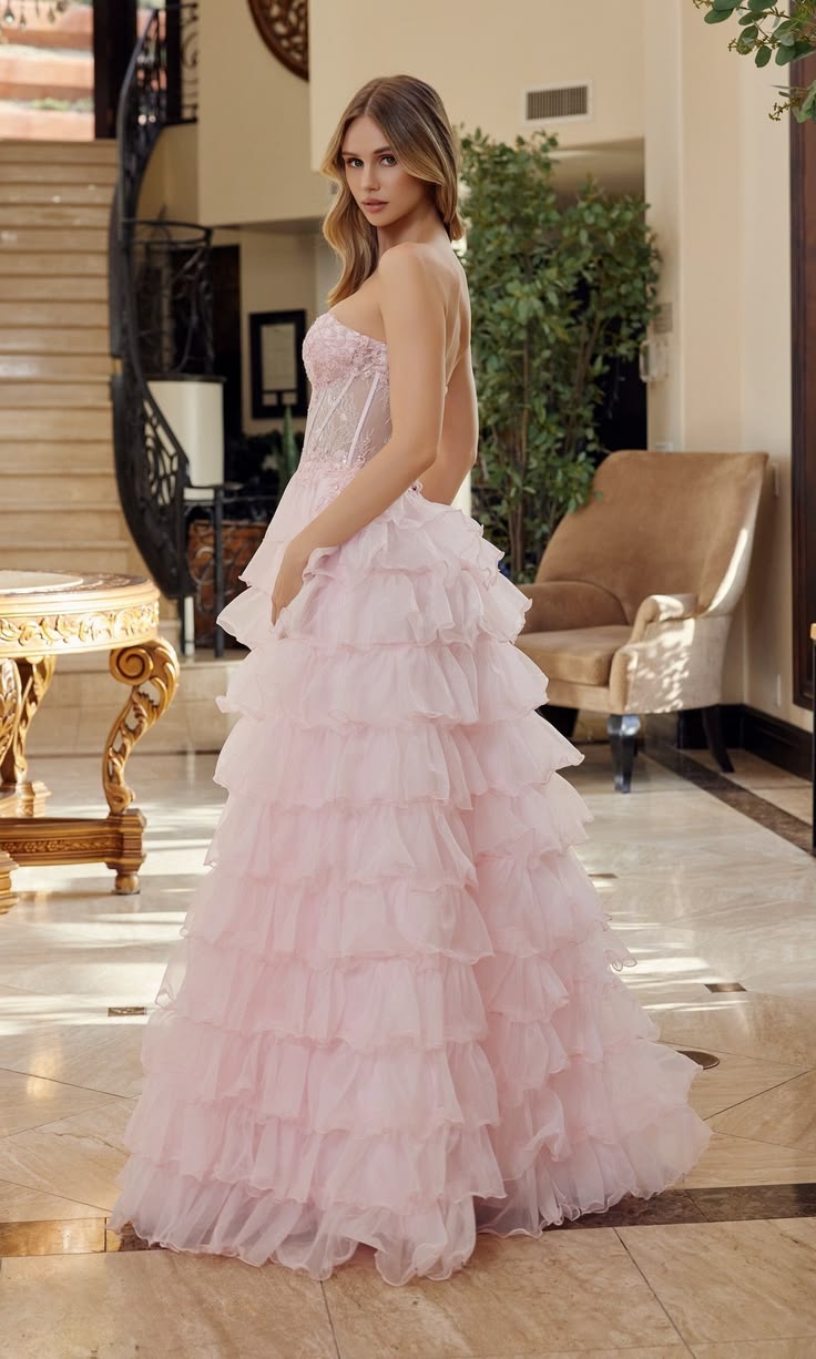 Pretty Pink A-Line Sweetheart Floral Appliques A Side Slit Ruffled Dress Prom Evening Dress L137